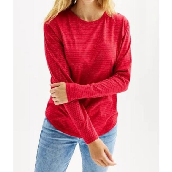 Sonoma Goods For Life Red Metallic Stripe V-Neck Long Sleeve Tee XL - Picture 1 of 5